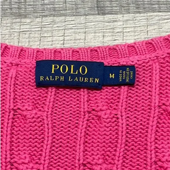 Polo Ralph Lauren Womens Size Medium Pink Cotton Cable Neck V Neck Sweater - Picture 4 of 7